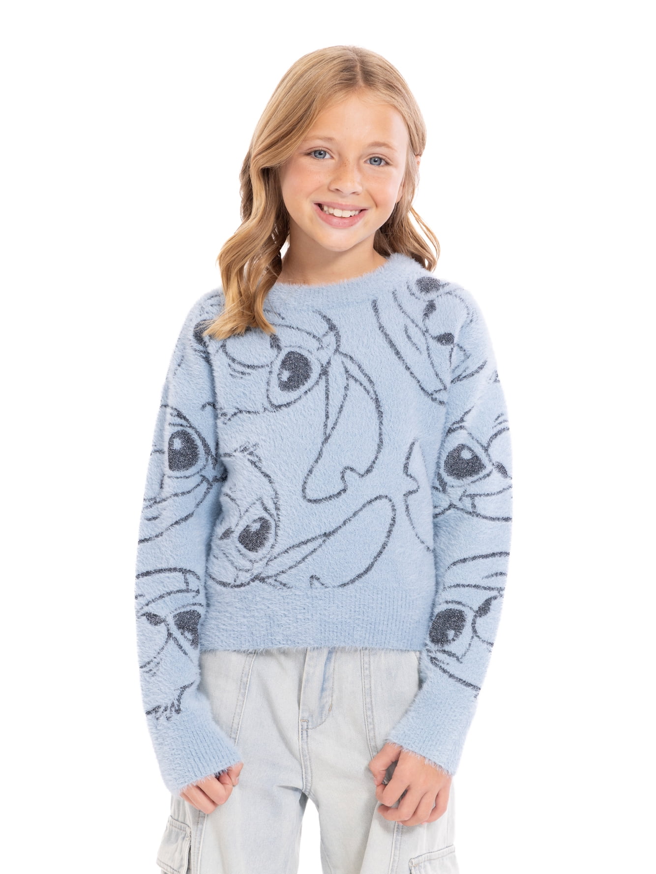 Stitch Girls Graphic Eyelash Glitter Sweater, Sizes 4-16