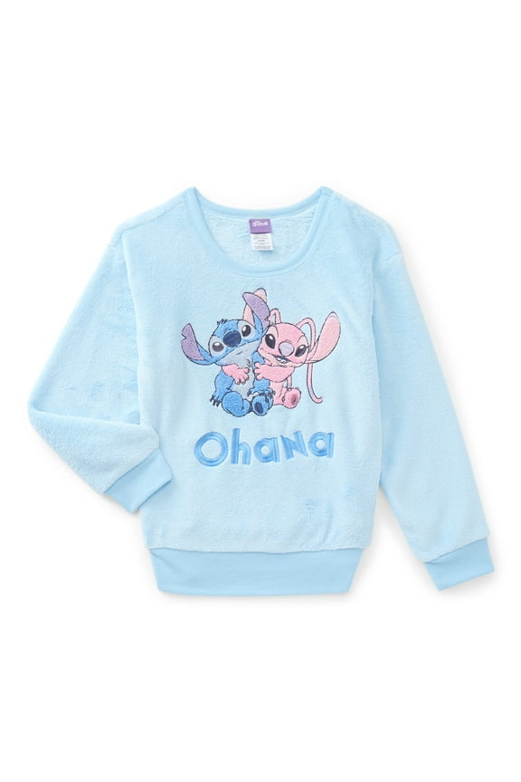Stitch and Angel Girls Graphic Plush Sweatshirt with Embroidery, Sizes 4-16