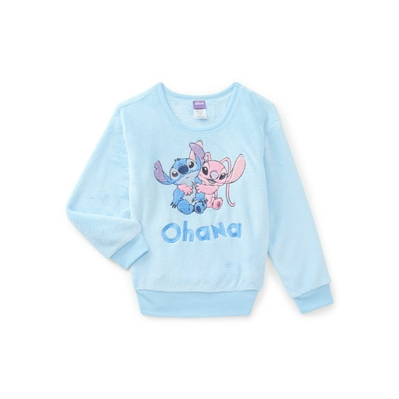 Stitch and Angel Girls Graphic Plush Sweatshirt with Embroidery, Sizes 4-16