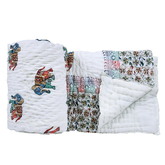 STITCHY Traditional Elephant Print Cotton Quilted Quilt, Full - Lightweight, Soft