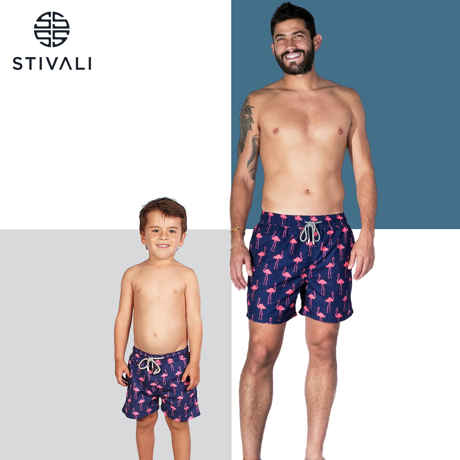 STIVALI Father and Son Matching Swim Trunks (Men - Medium, Blue)