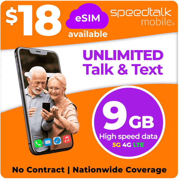 SpeedTalk Mobile Senior Starter Kit, Unlimited Calls and Text with 9GB Data