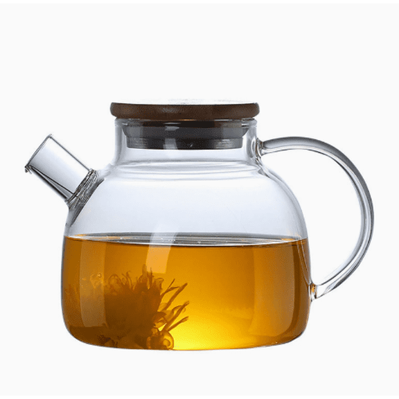 STK Glass Teapot with Wooden Lid, Clear Borosilicate Glass Tea Kettle, Stovetop Safe Loose Leaf Tea Pot with Handle, for Blooming Tea, Herbal Tea, Coffee
