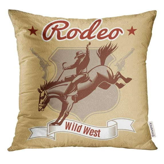STOAG American Wild West Rodeo with Cowboy Riding Horse and Revolvers Label in Vintage Style Rider Western Throw Pillowcase Cushion Case Cover 20x20 inch