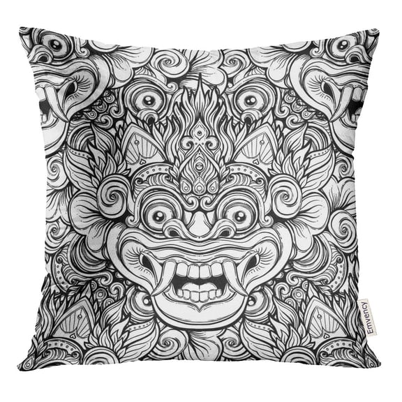 STOAG Barong Traditional Ritual Balinese Mask Ornate Outline Black and White Throw Pillowcase Cushion Case Cover 16x16 inch