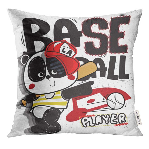 STOAG Black Character Cute Cartoon Panda Boy Baseball Player Wearing Red Cap and Holding Bat on Grunge White Throw Pillowcase Cushion Case Cover 16x16 inch