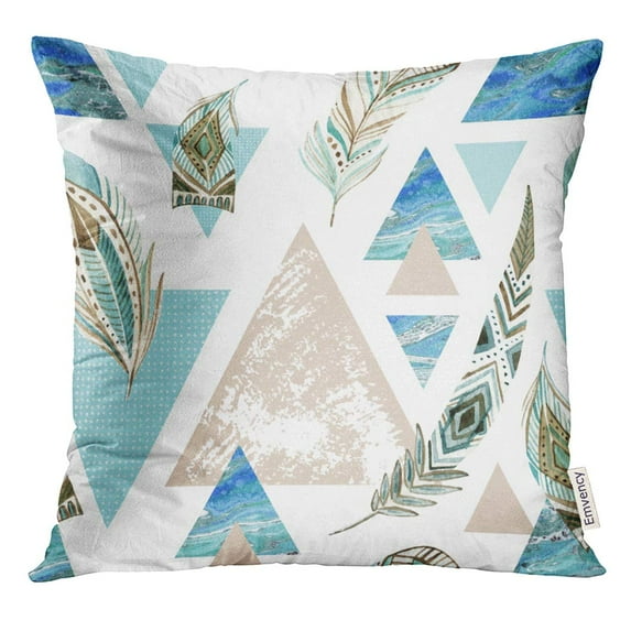 STOAG Blue Abstract Grunge Geometric with Feathers Triangles with Marble in Retro Vintage 80S 90S Hand Boho Throw Pillowcase Cushion Case Cover 20x20 inch