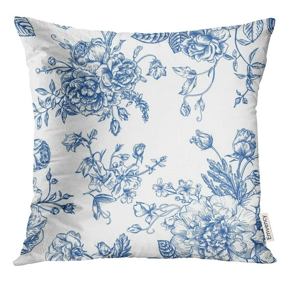 STOAG Floral Vintage Pattern with Bouquet of Blue Flowers on White Peonies Roses Sweet Peas Bell Monochrome Throw Pillowcase Cushion Case Cover 18x18 inch