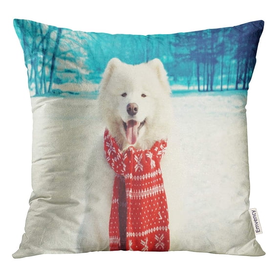 STOAG Happy White Samoyed Dog on Snow in Winter Day Throw Pillowcase Cushion Case Cover 16x16 inch