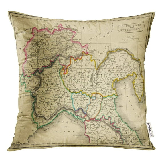 STOAG Italian Antique Map of Northern Italy Line Colored Dated Throw Pillowcase Cushion Case Cover 18x18 inch