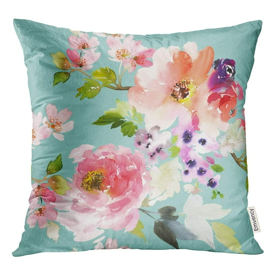 STOAG Pink Floral Flying Flowers on Blue Watercolor Pattern Bunch Spring Throw Pillowcase Cushion Case Cover 20x20 inch