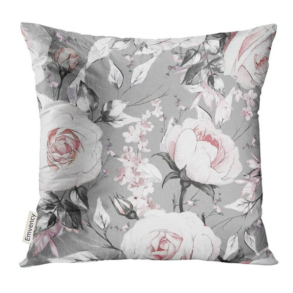 STOAG White Watercolor with Pink Flowers and Leaves on Gray Oil Painting Canvas Floral Pattern Rose Abstract Throw Pillowcase Cushion Case Cover 16x16 inch