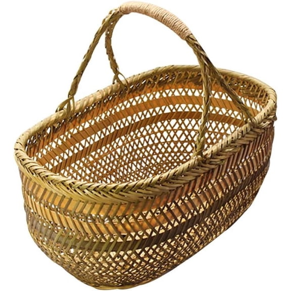 STOBAZA Rustic Woven Bamboo Rectangular Basket - Natural Color - Picnic Basket - Open Top Handle - Kitchen Storage - Fruit, Snacks, Eggs