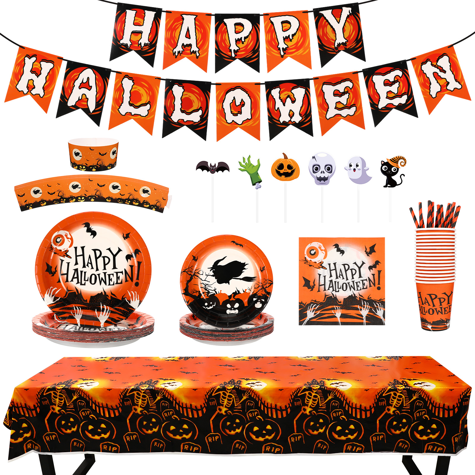 STOBOK 104pcs Disposable Halloween Tableware Set Paper Plates Cups