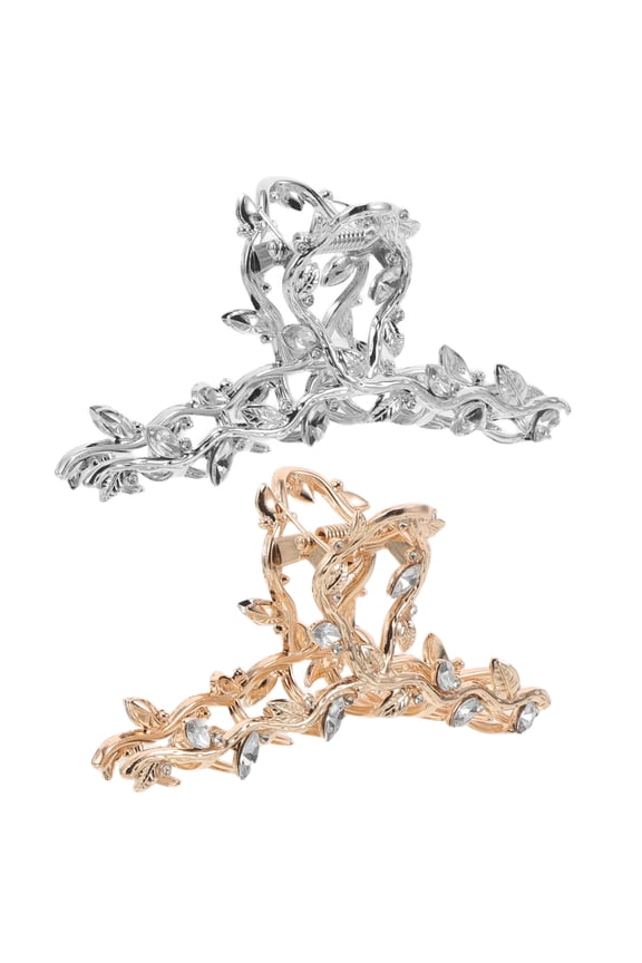 2Pcs Leaf Shape Hair Claw Clips with Alloy Metal and Rhinestones for Elegant Hairstyling