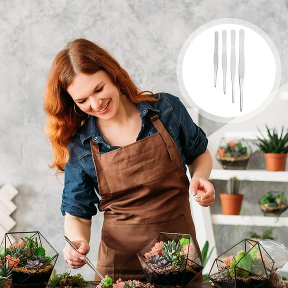 STOBOK Bonsai Tweezers Set Silver Non Slip Handle 4pcs