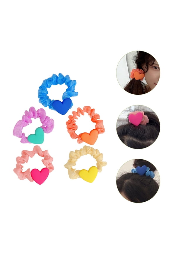 5Pcs Heart Charm Hair Ties Elastic Bands Fabric Ponytail Holders Assorted Colors