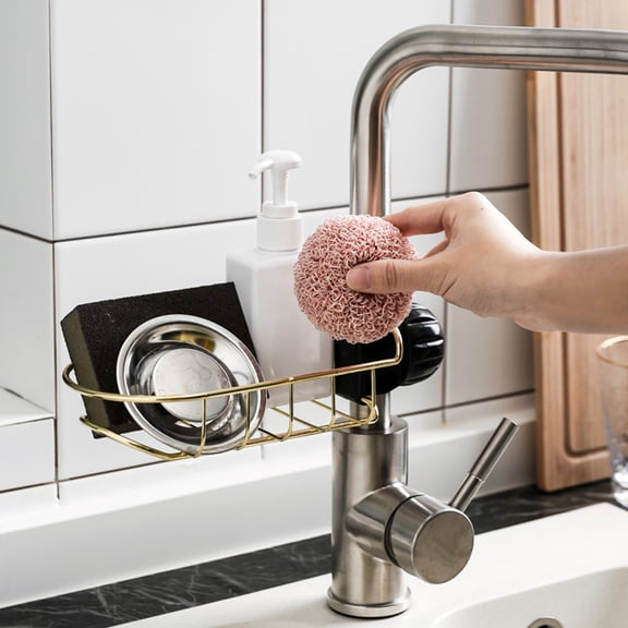 STOBOK Adjustable Golden Faucet Storage Rack Easy Install Sponge Organizer for Kitchen