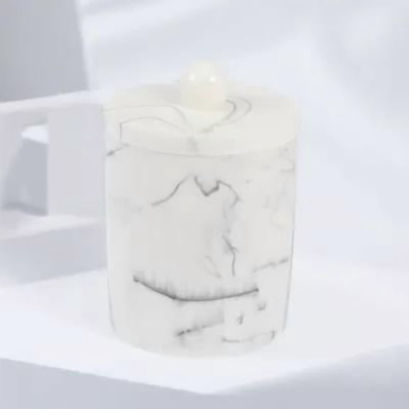 STOBOK White Resin Marble Effect Makeup Cotton Storage Box with Lid, Small Desktop Organizer for Cosmetics and Accessories