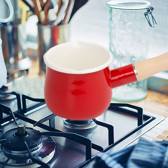 STOBOK Red Enamel Sauce Pan with Long Handle Fast Heat Conduction for Home Kitchen Use