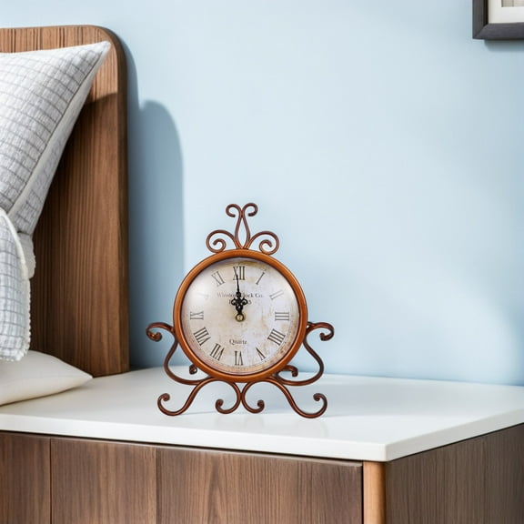 STOBOK Brown Vintage Iron Table Clock Quiet Accurate for Living Room Bedroom
