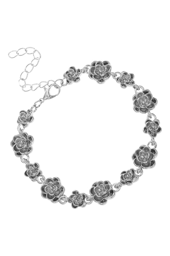 Vintage Rose Bracelet for Women, 9 Inch Adjustable Flower Bracelet, Silver Wrist Chain Romantic Handcrafted Bangle Jewelry