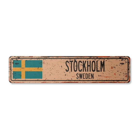 STOCKHOLM SWEDEN Vintage Aluminum Street Sign Swede flag city country road rustic metal tin wall gift | Indoor/Outdoor | 30" Wide