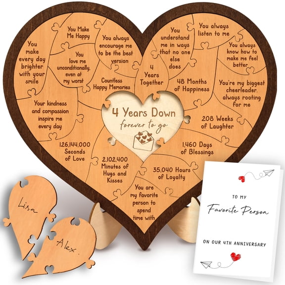 STOFINITY 4 Year Anniversary Wood Heart Puzzle with Stand and Card, Couple Keepsake Gift