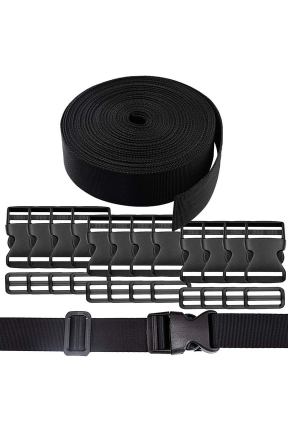 1.5 Inch Wide 10 Yards Black Nylon Heavy Webbing Strap and 12 PCS Flat Side Release Buckles Nylon Webbing Tape For DIY Craft Backpack Strapping (band+buckle+adjustable)