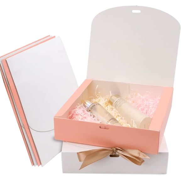 STONCEL 12PCS Gift Boxes with Lids Gifts Wrap Boxes, Kraft Paper Gift Boxes 10.6x6.5x3.1in Bow Ribbon Present Wrap Box for Wrapping Party Birthdays Ornament Presents(White+Pink)