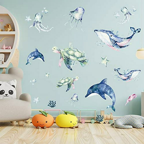 STONCEL 33 pcs Wall Stickers, Sea Creature Wall Decal, Aesthetic Wall Decals for Bedroom Living Room, Wall Murals Peel and Stick, Room Decor for Girls Bedroom, Dolphin Turtle Octopus Whale (33 pcs)