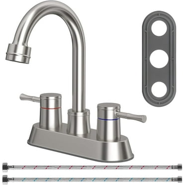 STONCEL 360 Swivel Spout Bathroom Sink Faucet with 2 Water Supply Lines, Brushed Nickel Lead-Free Bathroom Faucets Stainless Steel 4 Inch 2 Handle Centerset Faucet for Bath Basin 2 3 Hole