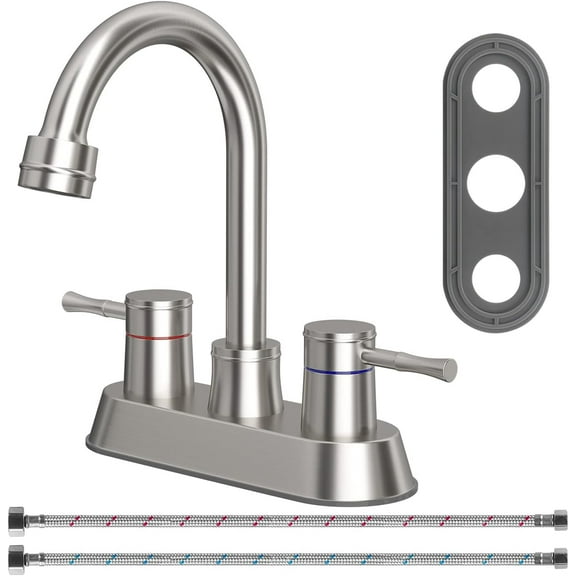 STONCEL 360 Swivel Spout Bathroom Sink Faucet with 2 Water Supply Lines, Brushed Nickel Lead-Free Bathroom Faucets Stainless Steel 4 Inch 2 Handle Centerset Faucet for Bath Basin 2 3 Hole