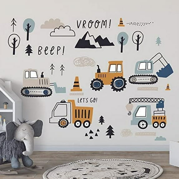 STONCEL 37 pcs Cartoon Bulldozer Digger Wall Stickers, Adorable Baby Boys Room Decor, Hand-painted Style Crane Truck Wall Decals for Bedroom Nursery, Construction Wall Murals Peel and Stick (37PCS)