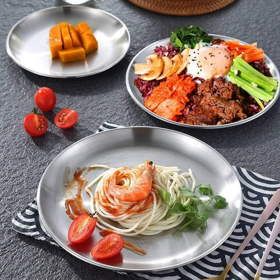 STONCEL 4PCS Stainless Steel Round Plates, Matte Polished Shatterproof Dinner Plates, Eco-Friendly Metal Dinner Dishes for Picnic Outdoor Camping (30cm/11.8inch)