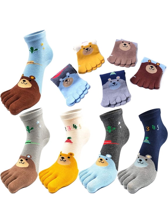 5 Pairs Toe Socks Cotton Kids Five Finger Socks Cute Cartoon Bear Animal Pattern Socks for Boys Girls 7-12 Years