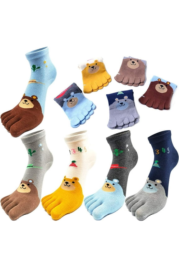 5 Pairs Toe Socks Cotton Kids Five Finger Socks Cute Cartoon Bear Animal Pattern Socks for Boys Girls 7-12 Years