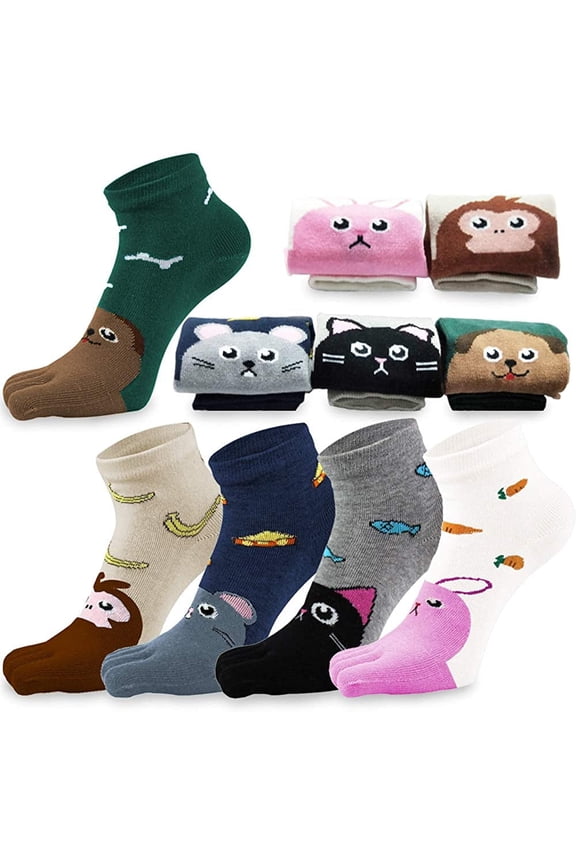 5 Pairs Toe Socks Cotton Kids Five Finger Socks Cute Cartoon Animal Pattern Socks for Boys Girls 7-12 Years