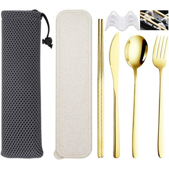 STONCEL 6 Pcs Portable Stainless Steel Flatware Set, Travel Reusable Utensils Set Cutlery Set Including Knife Fork Spoon Chopsticks Carry Case for School, Office, Camping, Picnic(Gold)