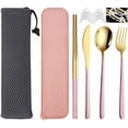 thumbnail image 1 of STONCEL 6 Pcs Portable Stainless Steel Flatware Set, Travel Reusable Utensils Set Cutlery Set Including Knife Fork Spoon Chopsticks Carry Case for School, Office, Camping, Picnic(Pink-Gold), 1 of 8