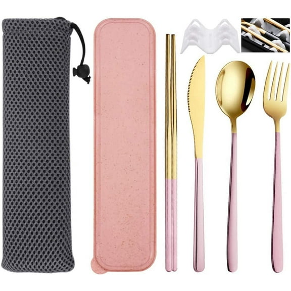 STONCEL 6 Pcs Portable Stainless Steel Flatware Set, Travel Reusable Utensils Set Cutlery Set Including Knife Fork Spoon Chopsticks Carry Case for School, Office, Camping, Picnic(Pink-Gold)