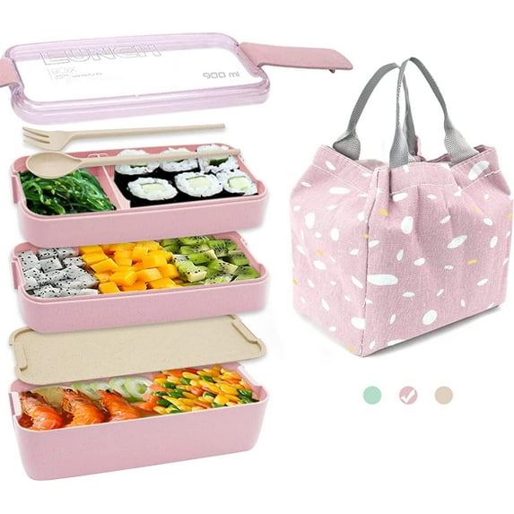 STONCEL Bento Box and Lunch Box, Come with Lunch Bag , Spoon and Fork, 3 Layer 900ml/32oz Bento Box Adult Lunch Box, Cute and Exquisite Japanese Snack Box for Adults (Pink)