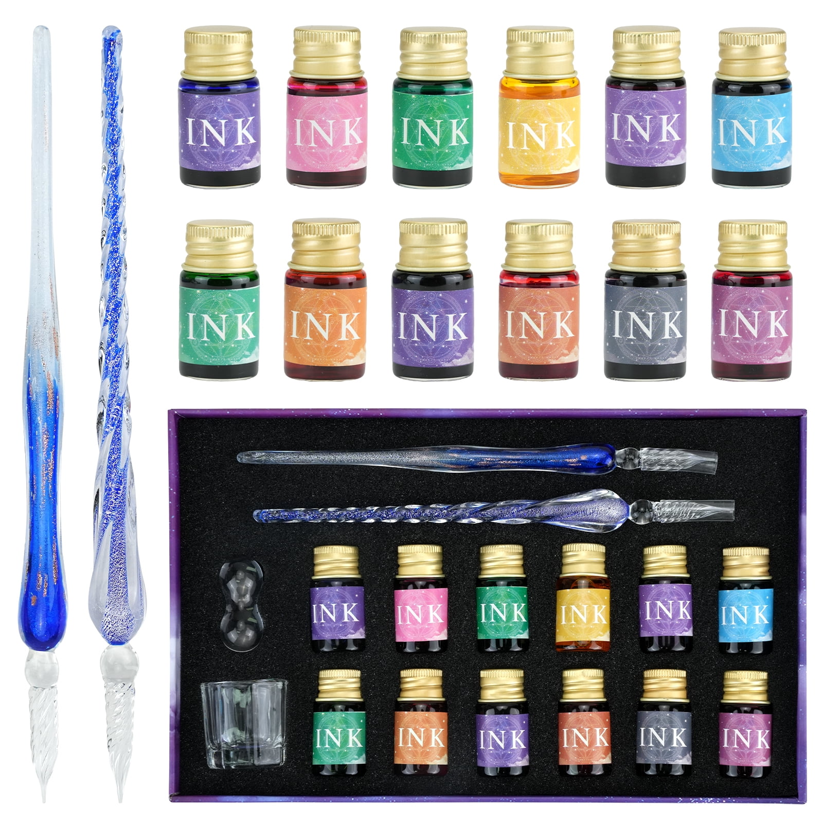 STONCEL Glass Dip Pen Ink Set, 16pcs Fountain Calligraphy Pens Set, 2 Crystal Signature Glass Pen, 12 Gold Powder Drawing Ink Drip Tool for Art Writing Signatures Beginners Valentines Day Gift