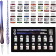 STONCEL Glass Dip Pen Set, 18-Pieces Calligraphy Pens Set - 14 Color Inks, Pen Holder, Cleaning Cup, 2 Crystal Glass Pens for Art, Writing, Drawing, Signatures,