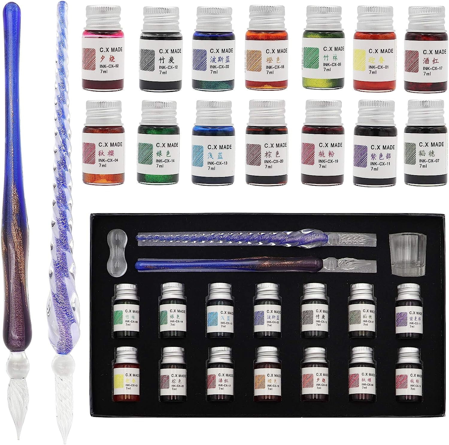 STONCEL Glass Dip Pen Set, 18-Pieces Calligraphy Pens Set - 14 Color Inks, Pen Holder, Cleaning Cup, 2 Crystal Glass Pens for Art, Writing, Drawing, Signatures, Gift for Artist