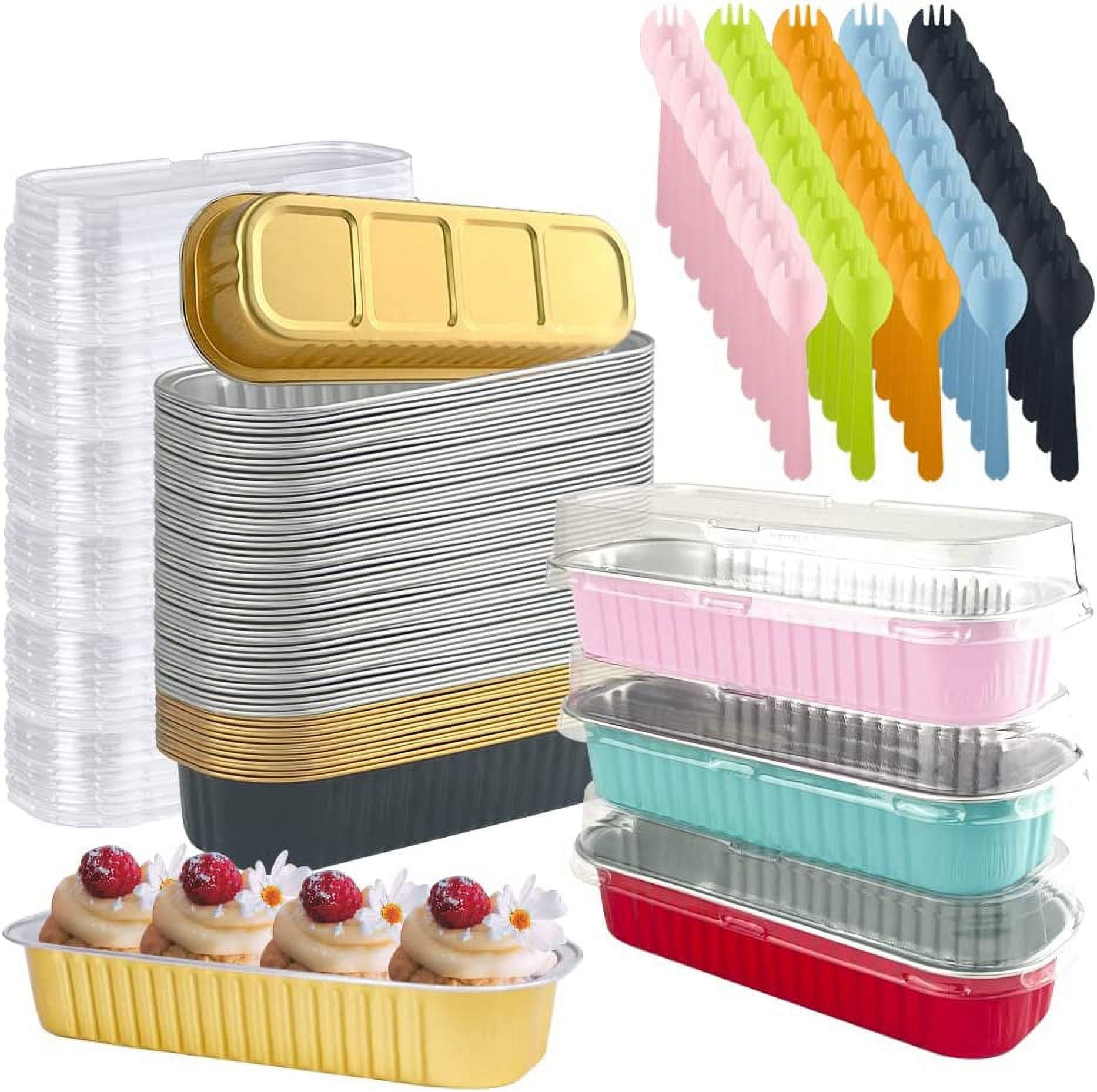 KNFFSAAJL 50Pcs Mini Cake Loaf Pans with Lids and Spoons 200ml Narrow Foil Cake Pans Rectangular Aluminum Foil Baking Pans Non Stick Cupcake Tin Container for Home Kitchen Bake (Black Gold KNFFSAAJL 50Pcs Mini Cake Loaf Pans with Lids and Spoons 200ml Narrow Foil Cake Pans Rectangular Aluminum Foil Baking Pans Non Stick Cupcake Tin Container for Home Kitchen Bake (Black Gold