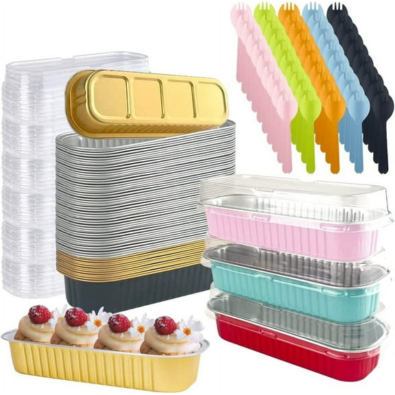 STONCEL Mini Loaf Pans With Lids and Spoons, 6.8oz Aluminum Foil Baking Pans, Rectangle Cupcake Baking Cups Muffin Tins, Small Cake Pans for Bread, Brownie, Cheesecake (50 Pack, 5 Colors)