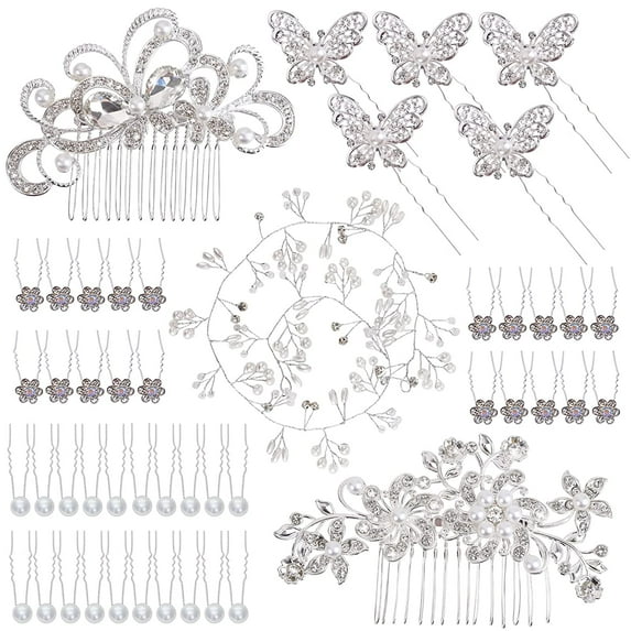 48 Pieces Wedding Hair Comb Hair Pins Set, FULANDL Faux Crystal Pearl Bridal Hair Accessories, Rhinestone Bridal Side Combs U-shaped Butterfly Flower Hair Clips for Women Girls