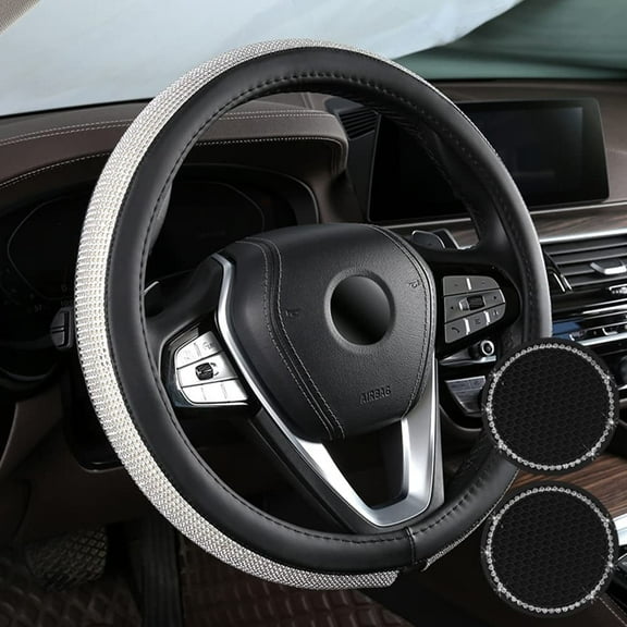 STONCEL Steering Wheel Cover Glitter Steering Wheel Covers Bling Rhinestone Non-Slip Comfortable Car Accessories for Women Car Suitable for 14.5-15 Inches with 2 Pack Non-Slip Silicone Coasters