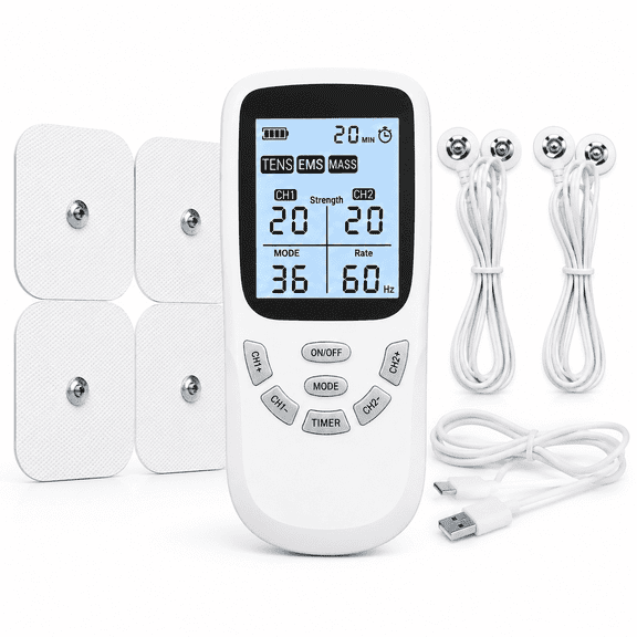 3-in-1 TENS Unit Muscle Stimulator, EMS Massage Machine with 20 Intensities for Gradual Shoulder, Sciatica, Back Pain Relief, 36 Modes Rechargeable Electronic Pulse Massager with 4 TENS Pads